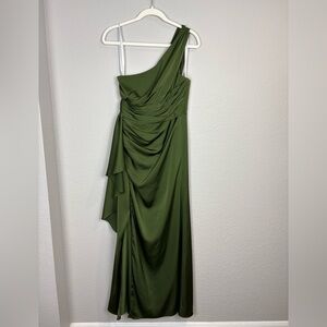 Azazie Maive Olive Green One-Shoulder Satin Gown